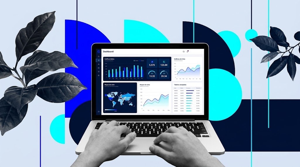 Mãos digitando em um notebook que exibe um painel de indicadores ESG, com gráficos e mapa, entre folhas e formas geométricas azuis