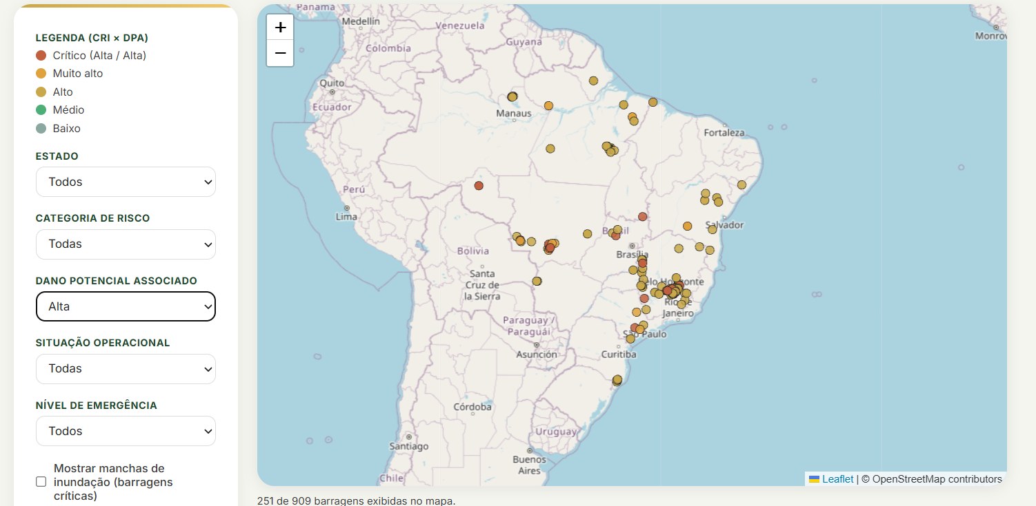 Map from the mining dams dashboard in Brazil, with points colored by risk and potential damage and filters on the side