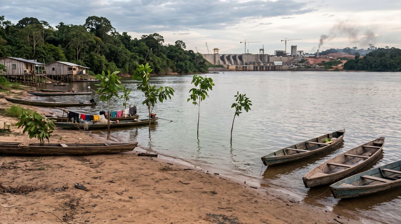 Barcos e casas de palafita na margem de um rio amazônico, com mudas plantadas na água e uma usina hidrelétrica em construção ao fundo