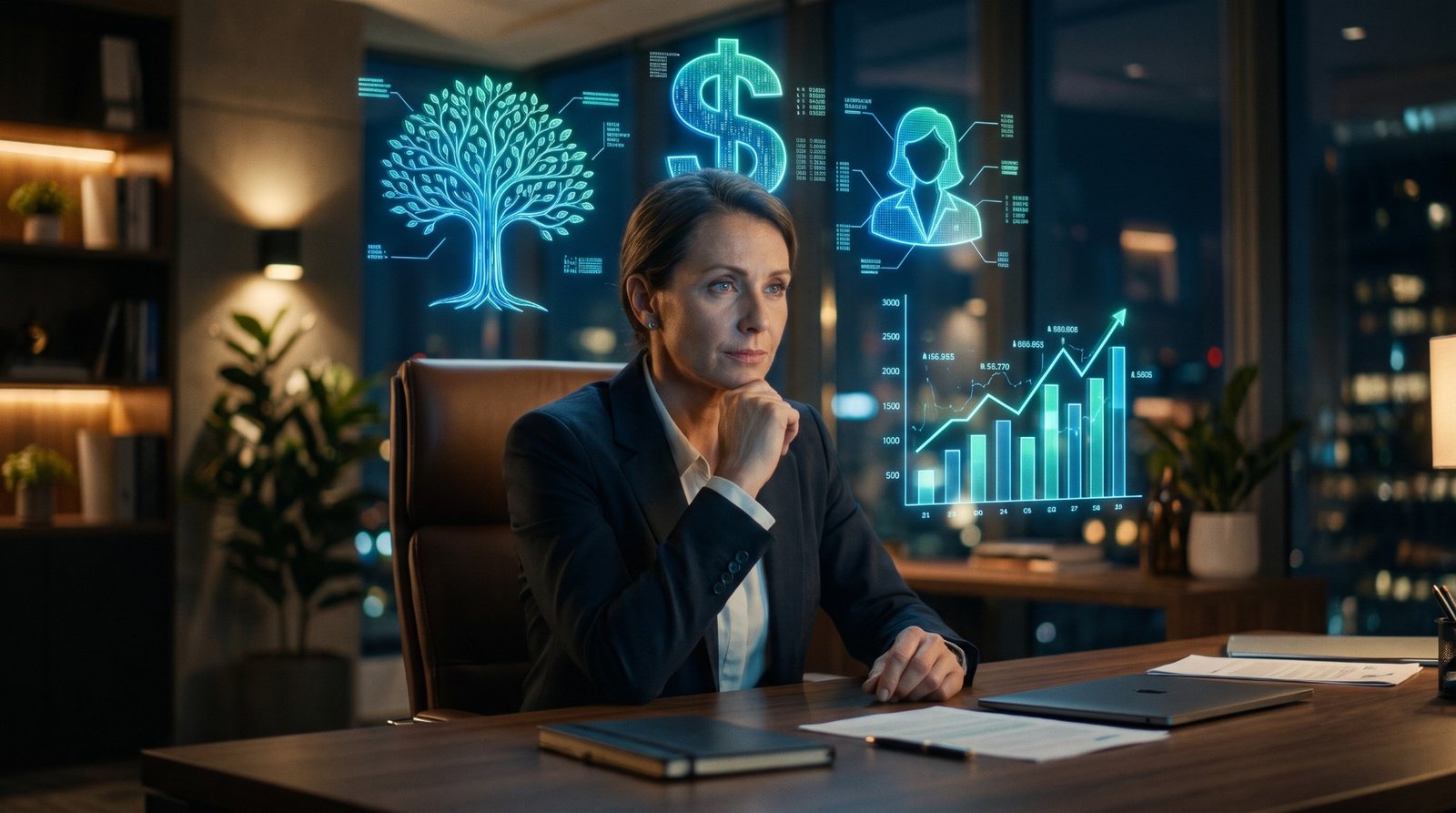 Executiva pensativa em seu escritório, com painéis holográficos de árvore, cifrão, pessoa e gráfico de crescimento representando ESG e finanças