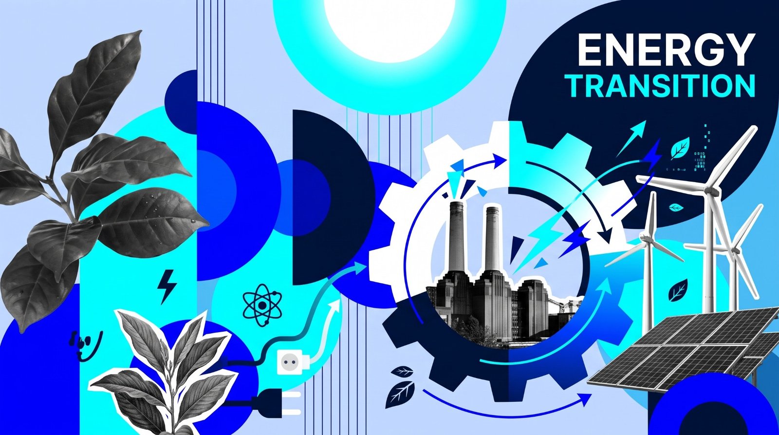 Energy Transition illustration: an old power plant inside a gear, with wind turbines, solar panels and leaves in shades of blue