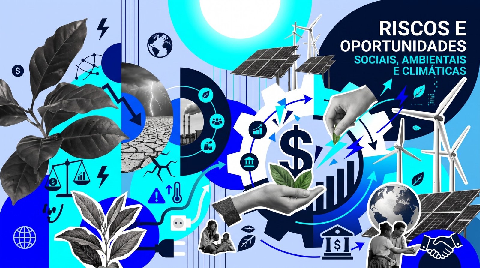 Illustration on social, environmental and climate risks and opportunities: drought, storm, factory, hands holding a plant and a dollar sign, wind turbines and solar panels
