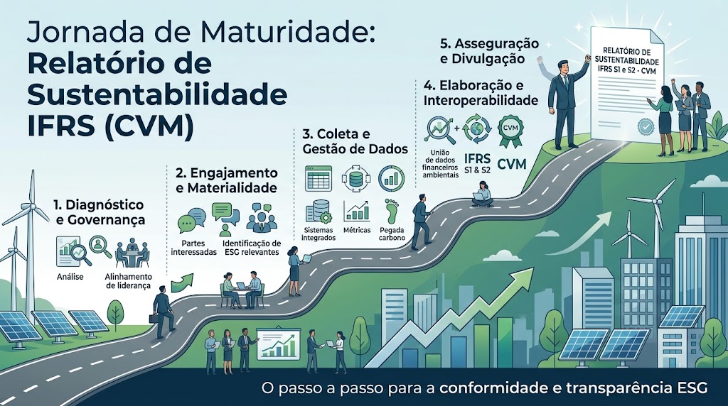 Infográfico Jornada de Maturidade: Relatório de Sustentabilidade IFRS (CVM), em cinco etapas: diagnóstico e governança, engajamento e materialidade, coleta e gestão de dados, elaboração e interoperabilidade, asseguração e divulgação
